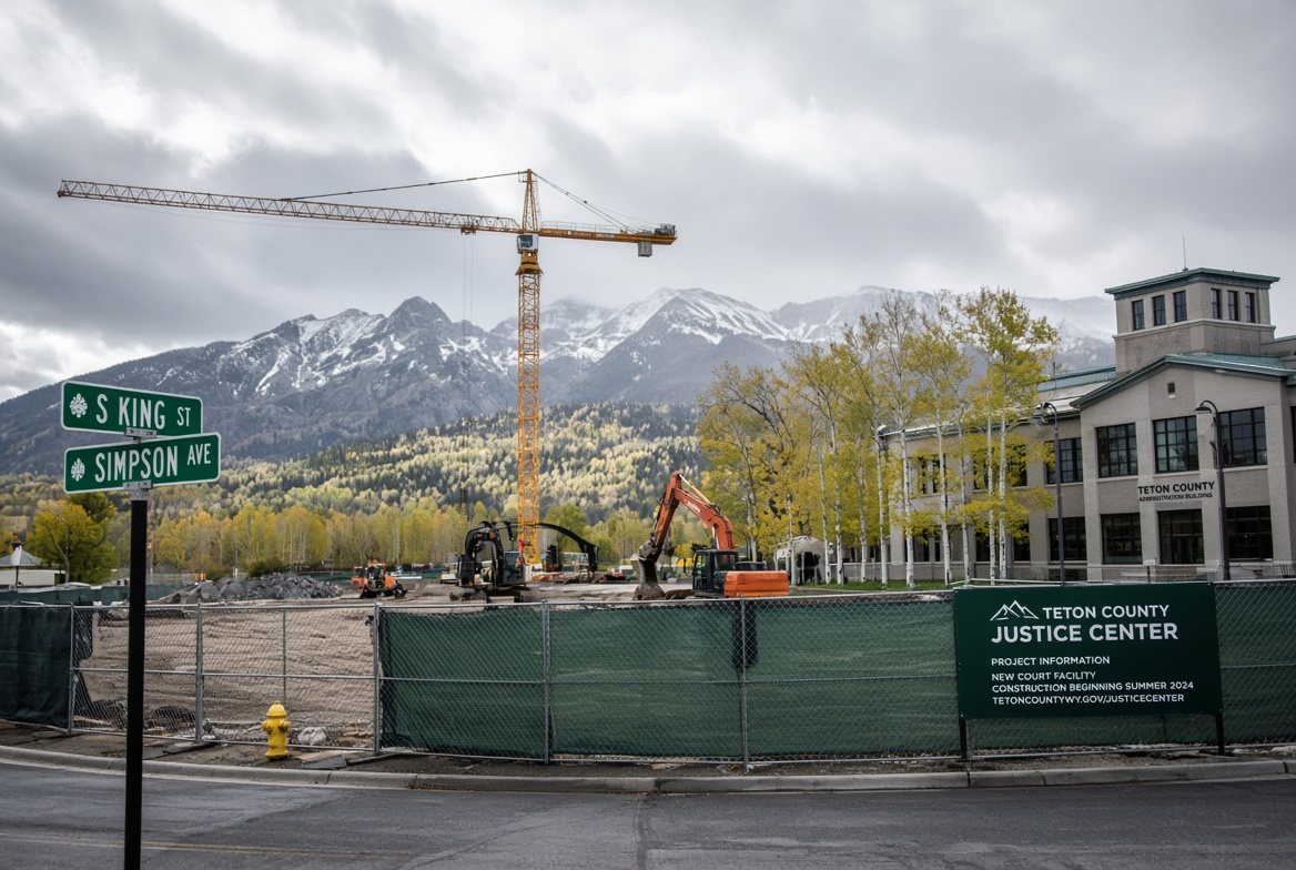 Illustration of the Justice Center construction site at S. King Street and E. Simpson Avenue, a tower crane above the fenced block beside the Teton County Administration Building
