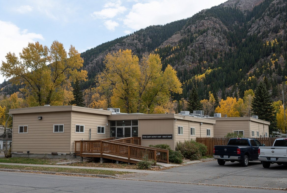 Illustration of the temporary modular courthouse at 250 E. Simpson Ave., Jackson, with its wooden ramp and the mountains behind