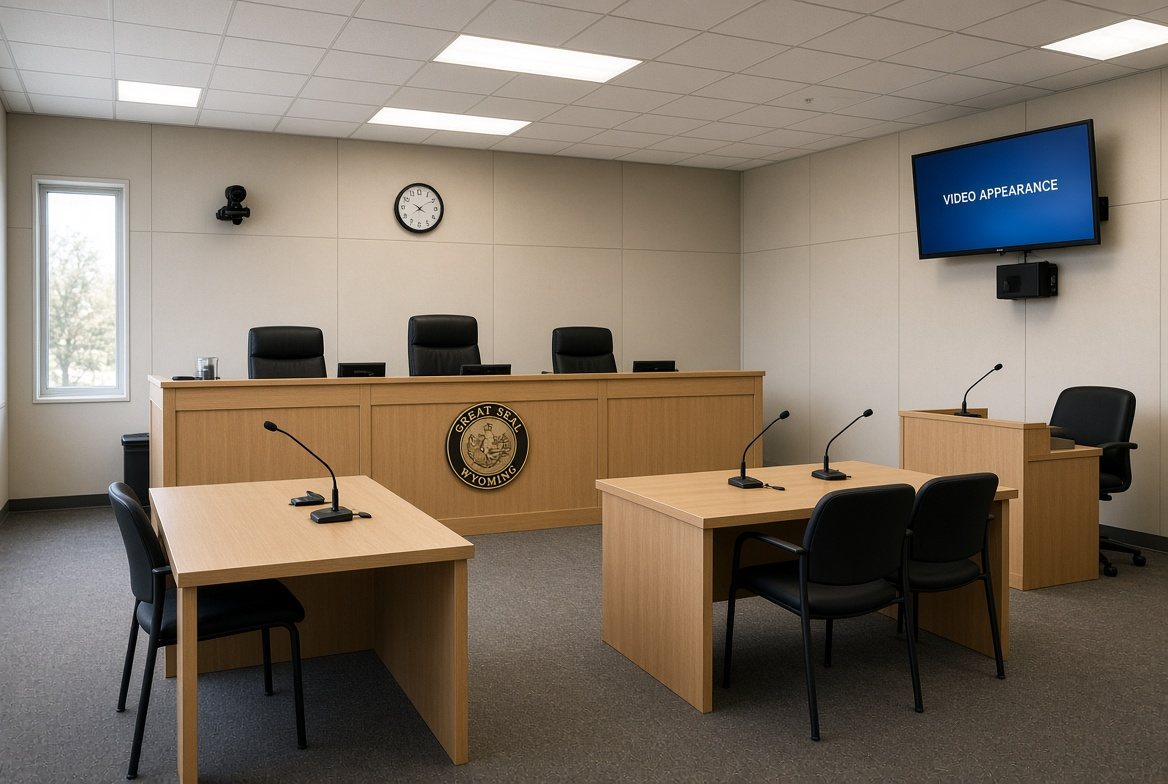 Illustration of a temporary courtroom: a light-wood bench with the Great Seal of Wyoming, counsel tables with microphones, and a video-appearance screen