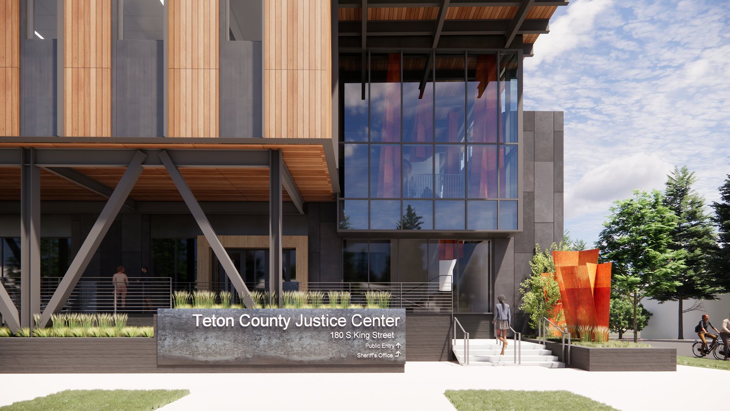 Architect's rendering of the new Teton County Justice Center at 180 S. King Street, Jackson: the public entry under a timber-and-steel porch