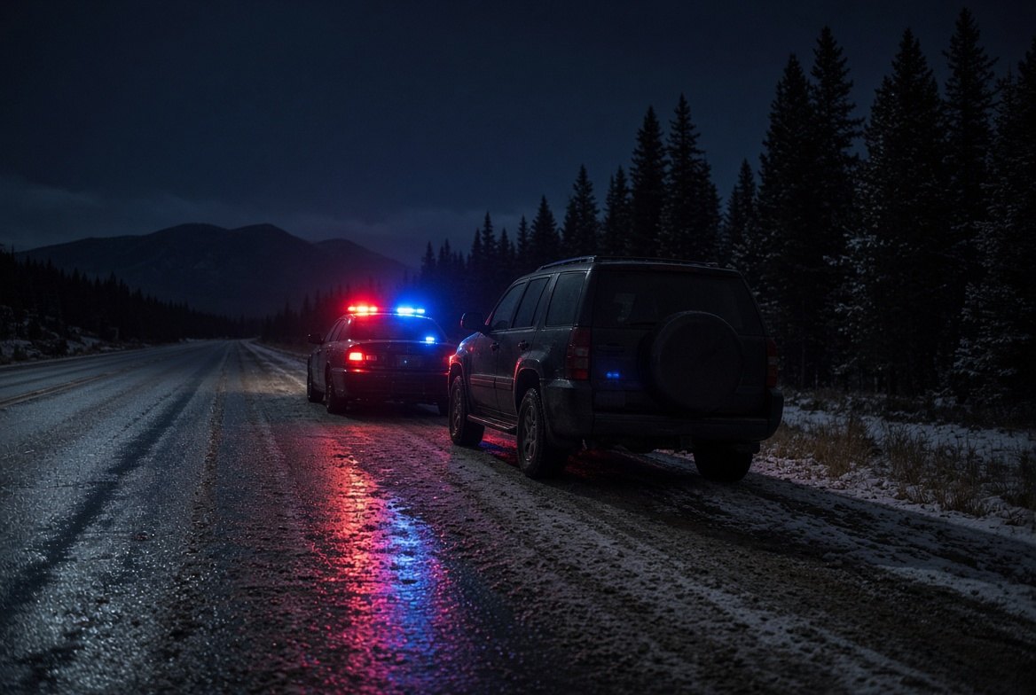A traffic stop at night on a snowy mountain highway, the patrol car's lights reflected on the road