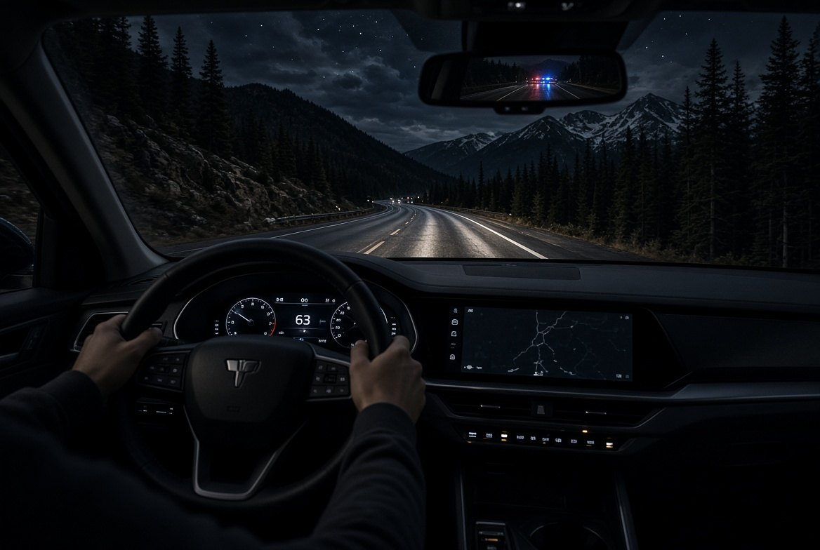 Patrol lights reflected in a car's rearview mirror on a dark road