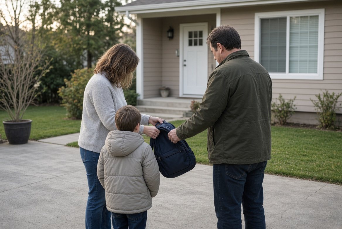 Parents handing a child a backpack in a driveway at dusk