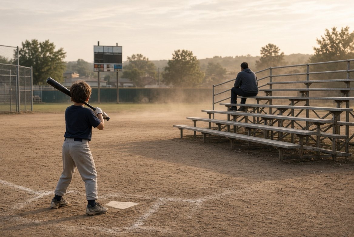 A boy at bat on a dusty ballfield, one parent watching from the bleachers