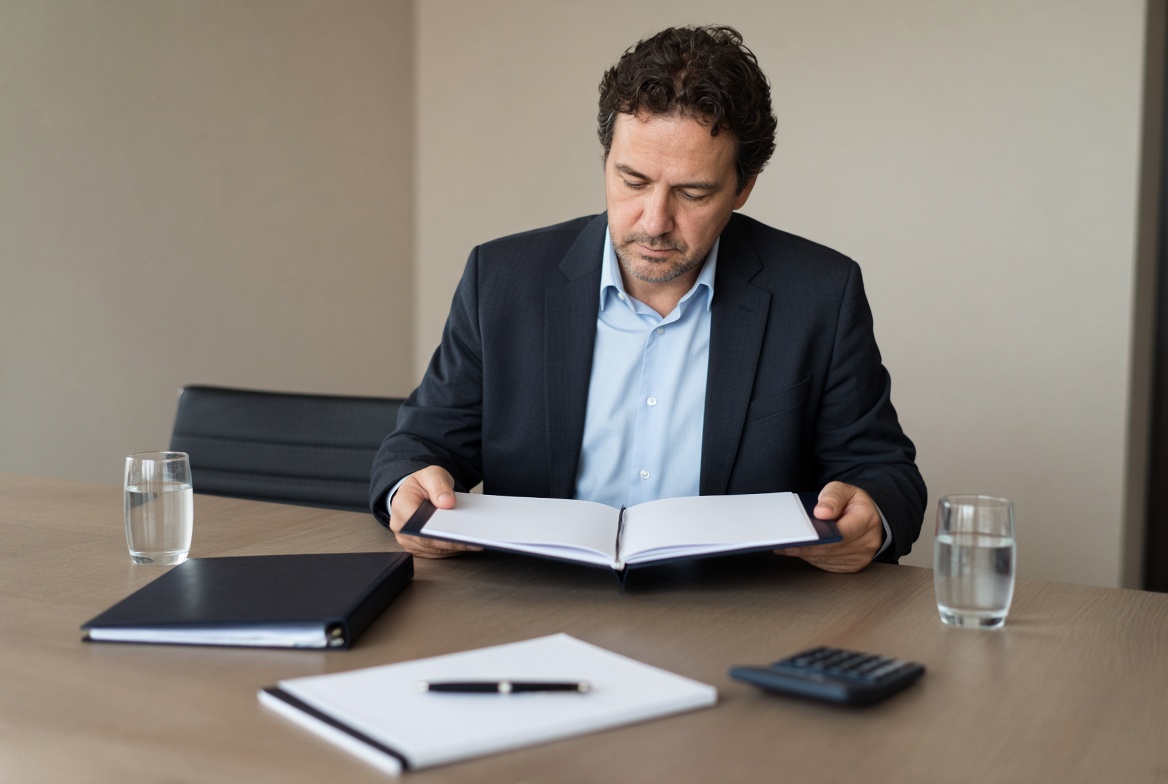 A business owner at a conference table reading through the company's books, a calculator and a binder beside him
