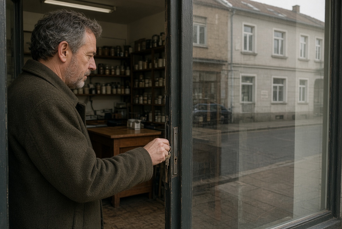A shop owner at the front door of his store, key in the lock, the shelves and the street behind him