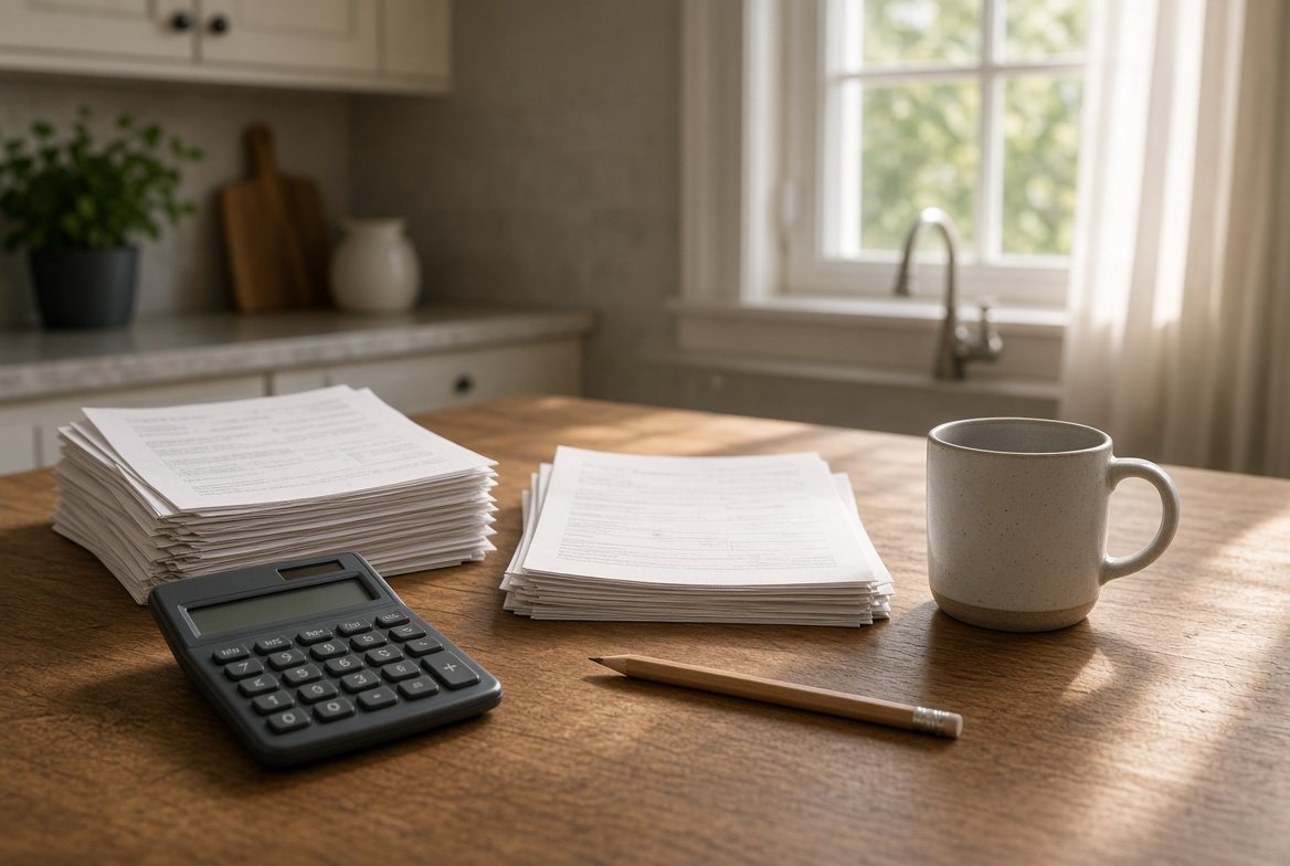 A calculator on a kitchen table beside account statements and tax forms