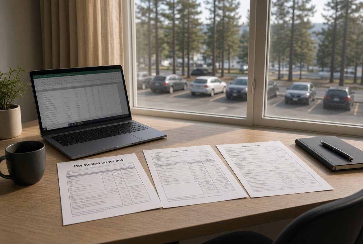 A desk by a window with a stack of pay stubs beside a laptop showing a child support spreadsheet