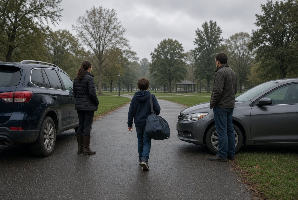 A child walking between two parked cars in a park, a parent waiting at each