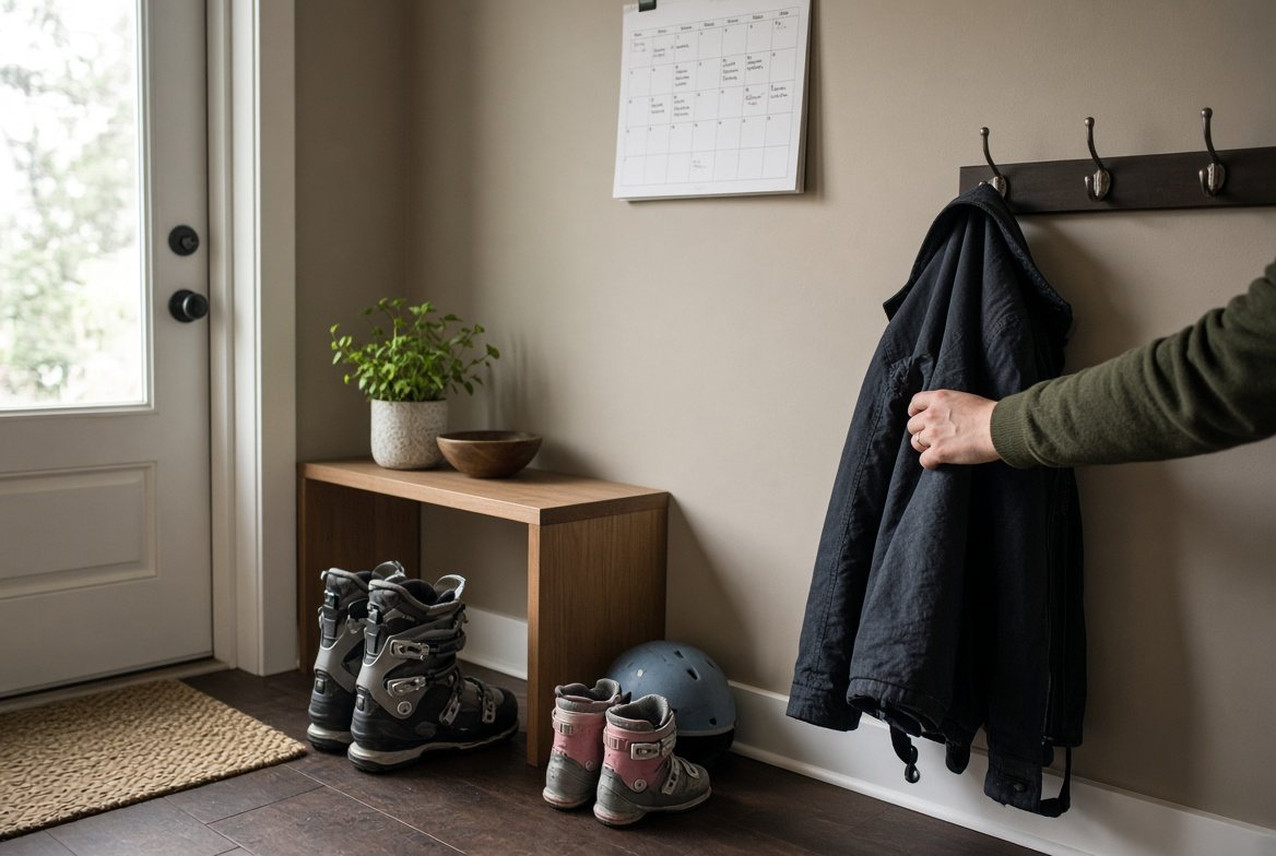 A mudroom with two sets of children's ski boots and jackets