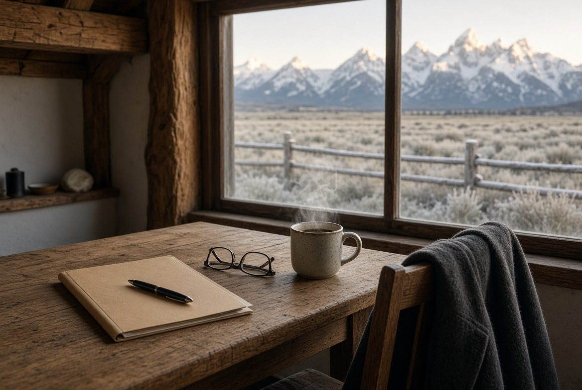 A folder of papers on a kitchen table in the morning light, the Tetons outside