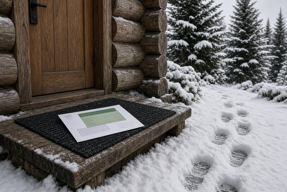 A certified-mail envelope on a snowy Jackson doorstep