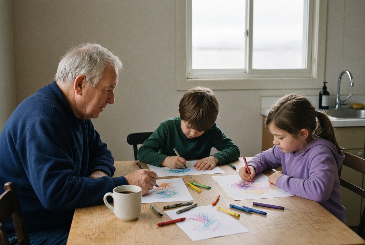 A grandfather at the kitchen table drawing with two grandchildren