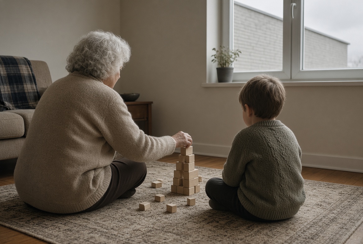 A grandmother and her grandson stacking wooden blocks on a rug by the window