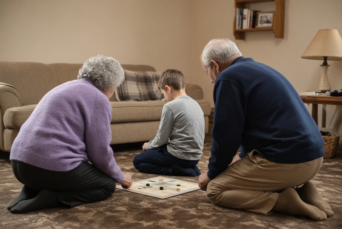 Grandparents on the living-room floor playing a board game with their grandson