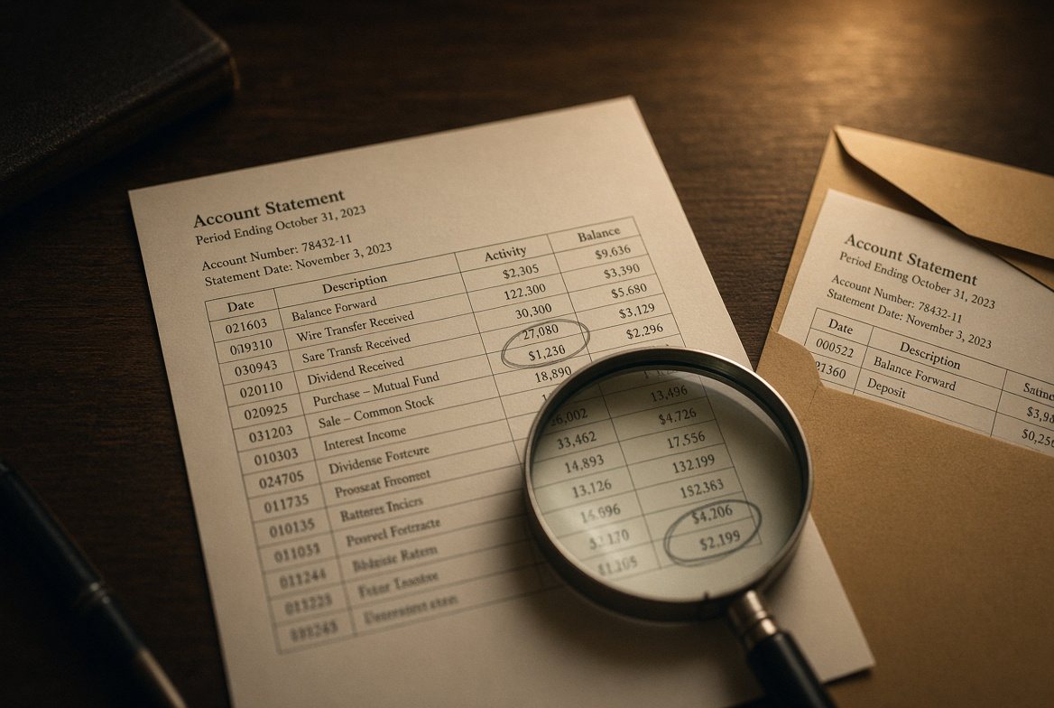 A brokerage statement with several lines circled in pen, under a magnifying loupe