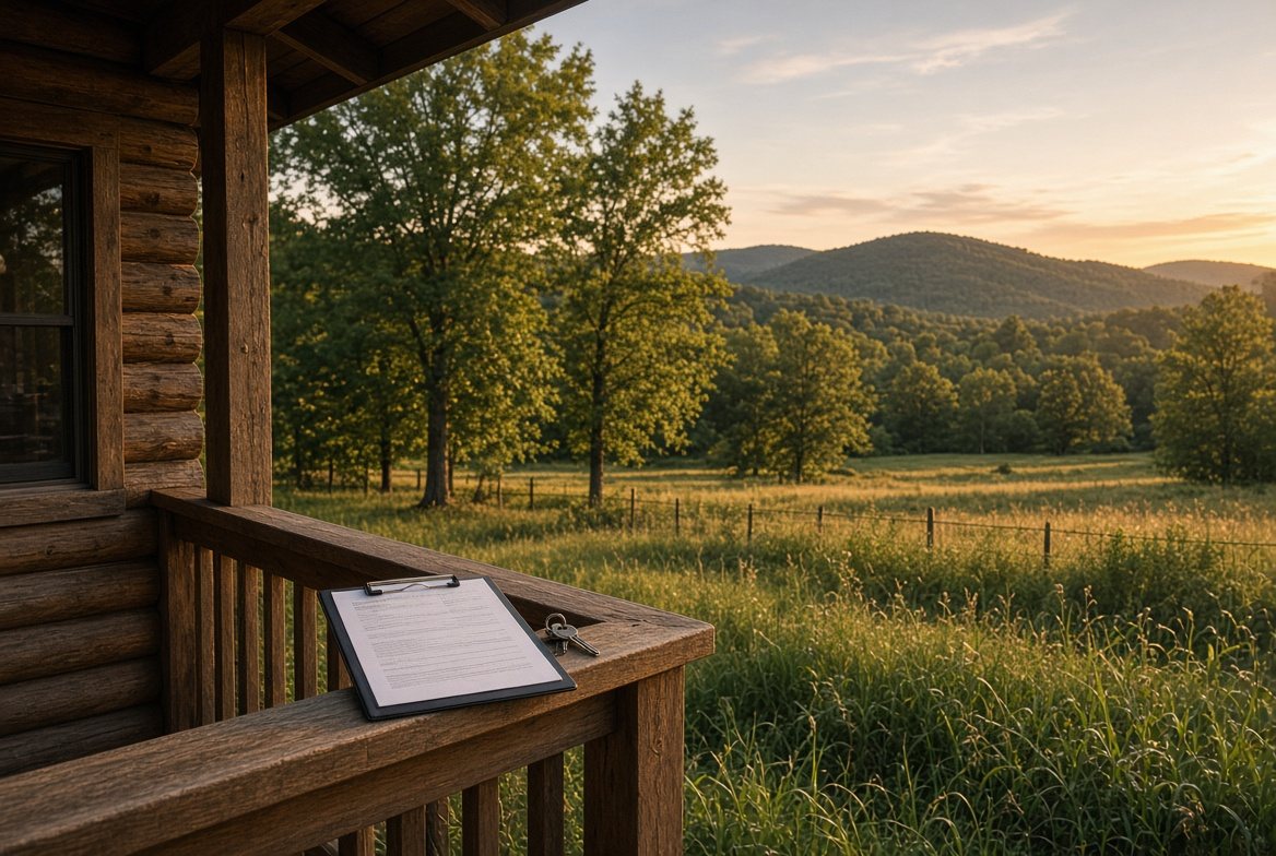 An appraisal report on a clipboard and a set of house keys resting on the rail of a log-home porch in evening light
