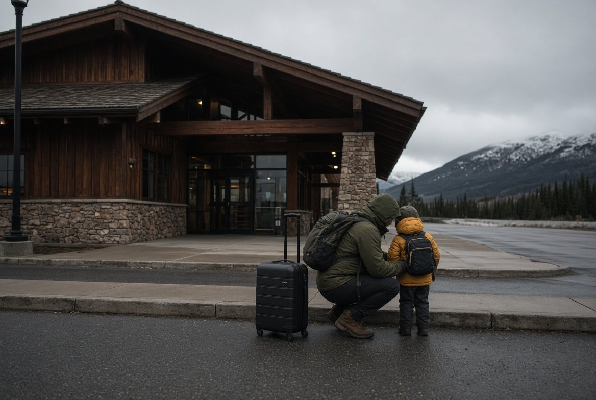 A father and child at the curb outside the Jackson Hole Airport terminal with a suitcase, the Tetons behind