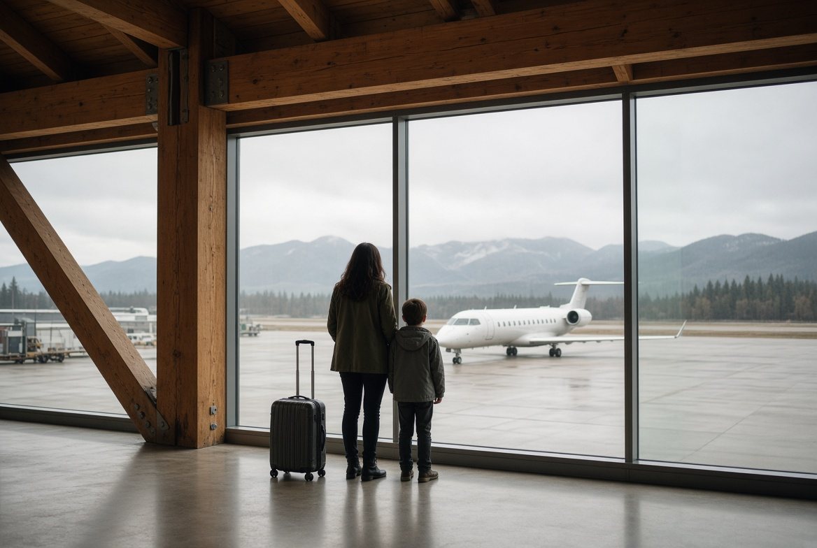A mother and child at the Jackson Hole Airport window with a suitcase, a regional jet and the Tetons beyond