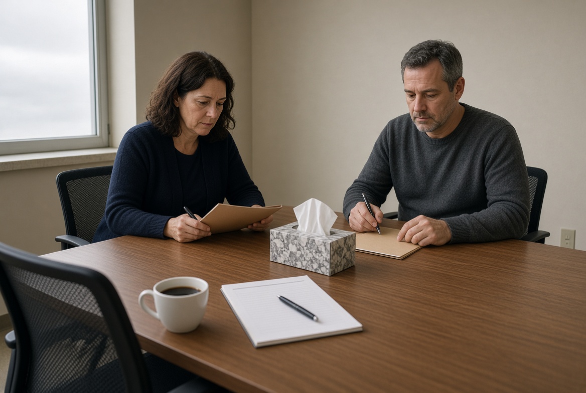 A husband and wife at a conference table, each working through their own notes between sessions