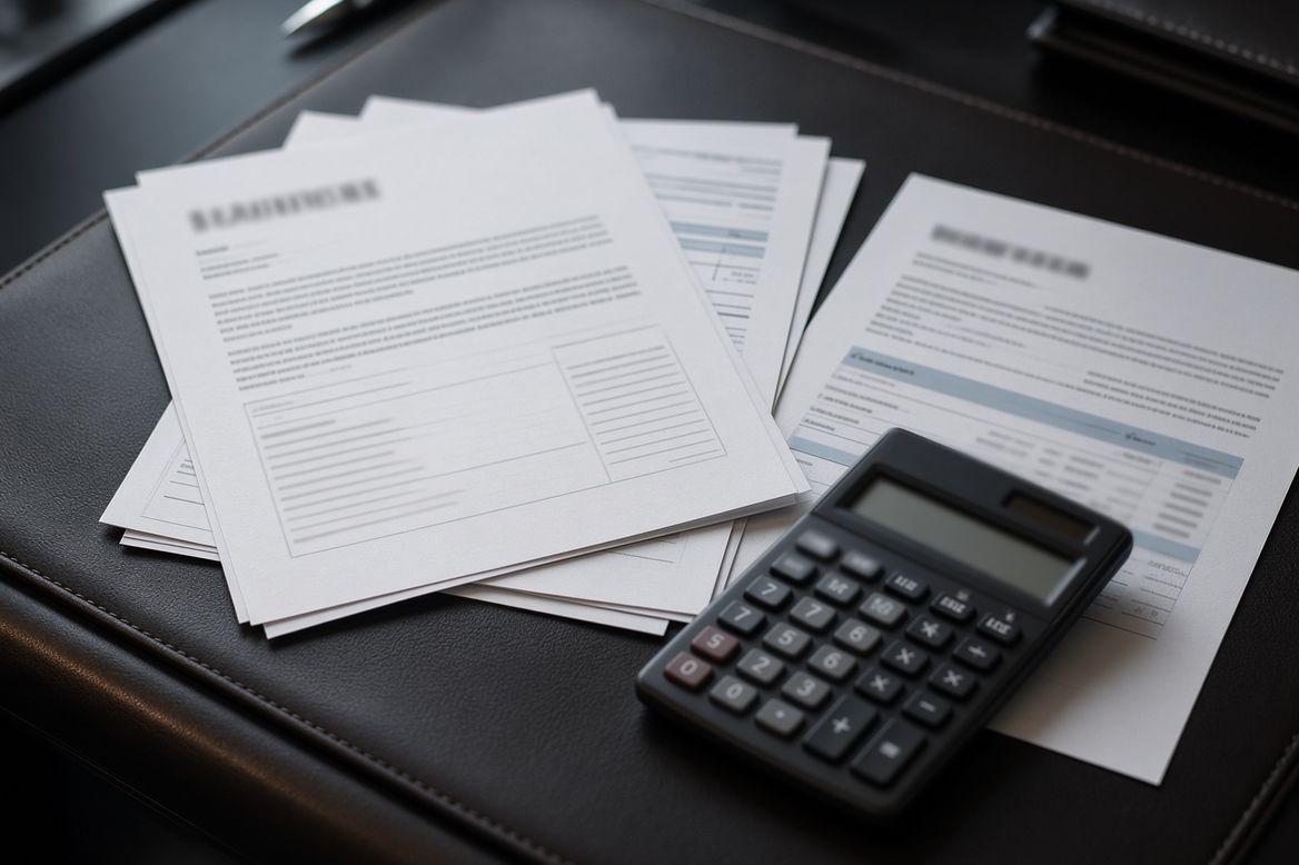 A stack of decree pages and a calculator on a desk