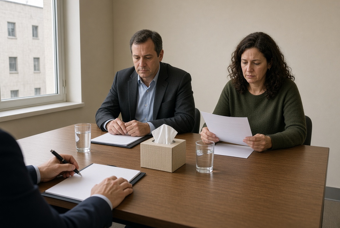 The mediator taking notes while a husband and wife read a draft term across the conference table