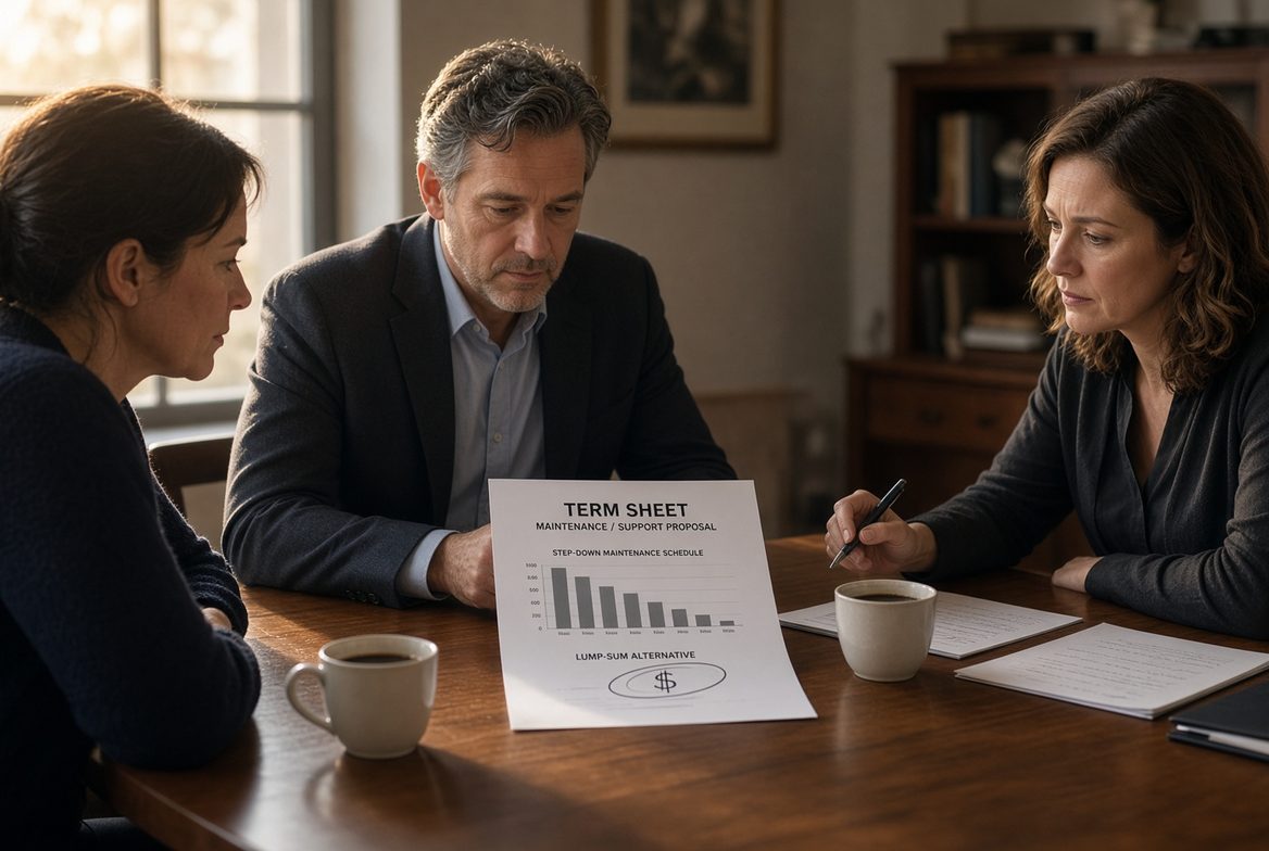Two people reviewing a term sheet across a table