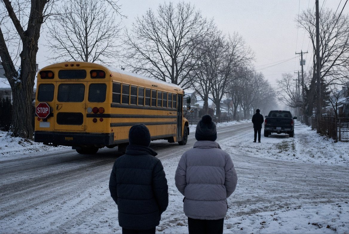 Two children seen from behind waiting at a school bus stop on a snowy winter morning in Jackson, Wyoming
