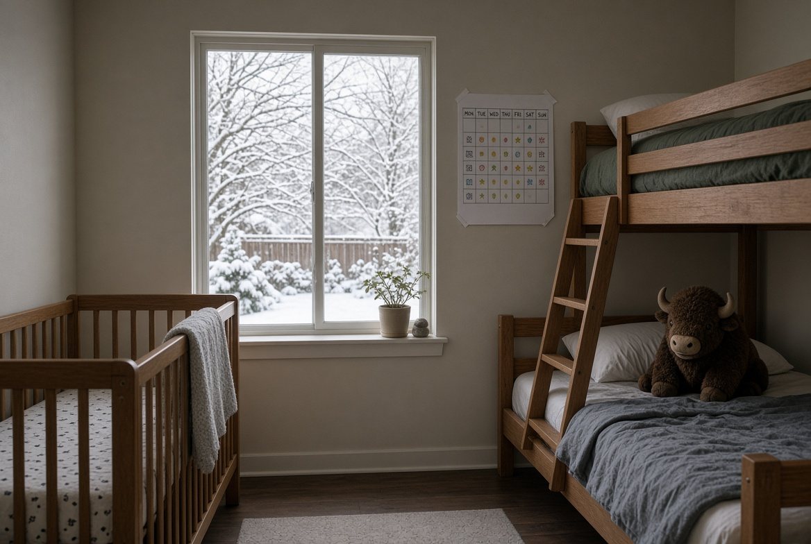 A child's bedroom with a crib and a bunk bed, a weekly calendar on the wall and a stuffed bison on the pillow