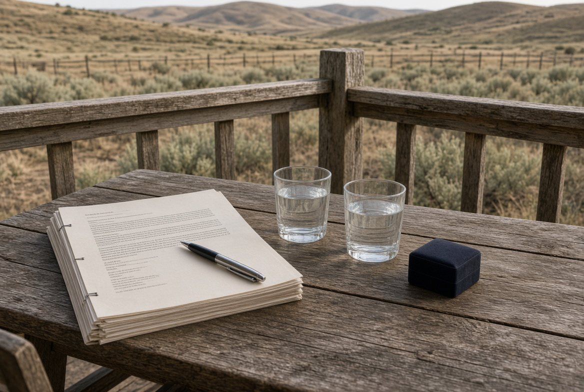 A prenuptial agreement, a pen and a ring box on a porch table, sagebrush beyond