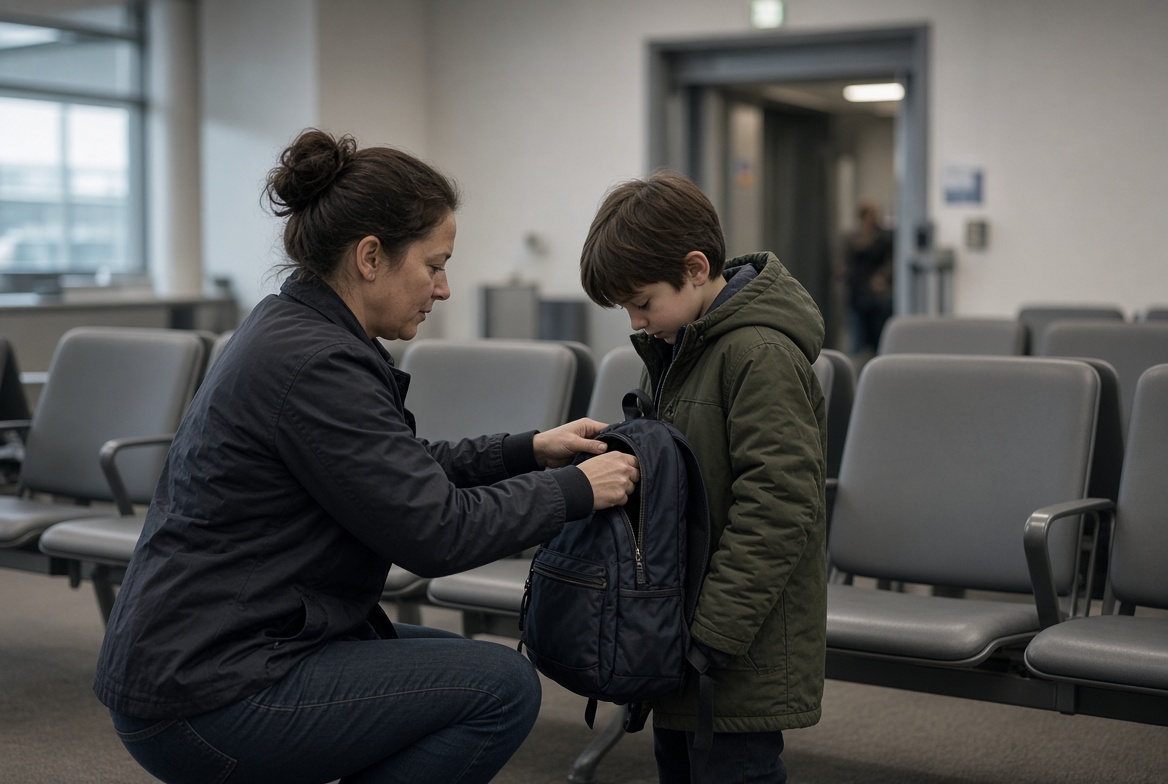A mother crouched in an airport gate area zipping her son's backpack before his flight