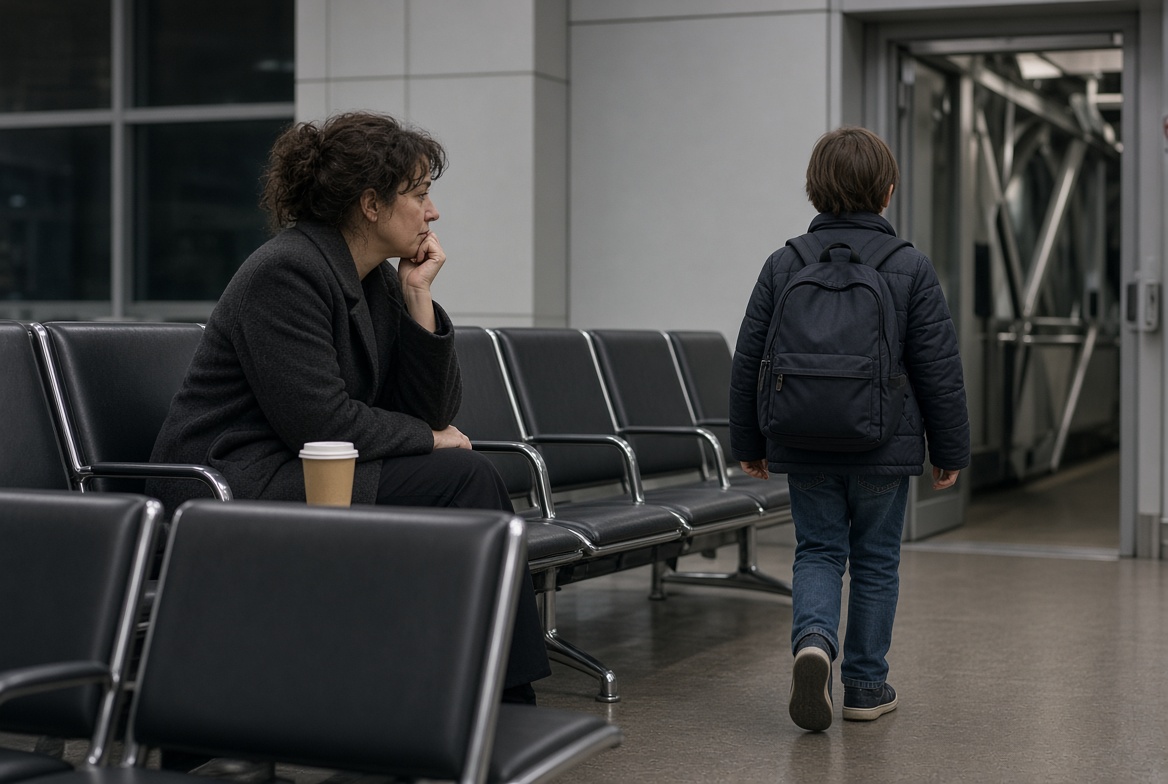 A mother in an airport gate area watching her son walk toward the jet bridge with his backpack