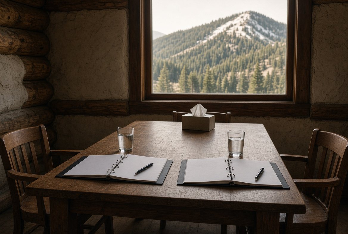A married couple at a table working through an agreement, Snow King in the window