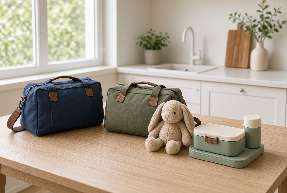 Two packed overnight bags, a stuffed rabbit and a lunch box on a kitchen table