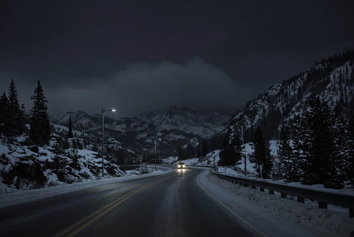 A lone car's headlights on a snow-edged mountain highway at night below the Tetons