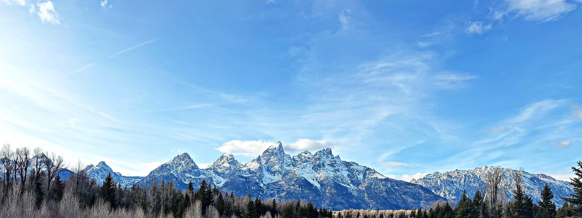 The Teton Range in November above the still channel at Schwabacher Landing, Grand Teton National Park