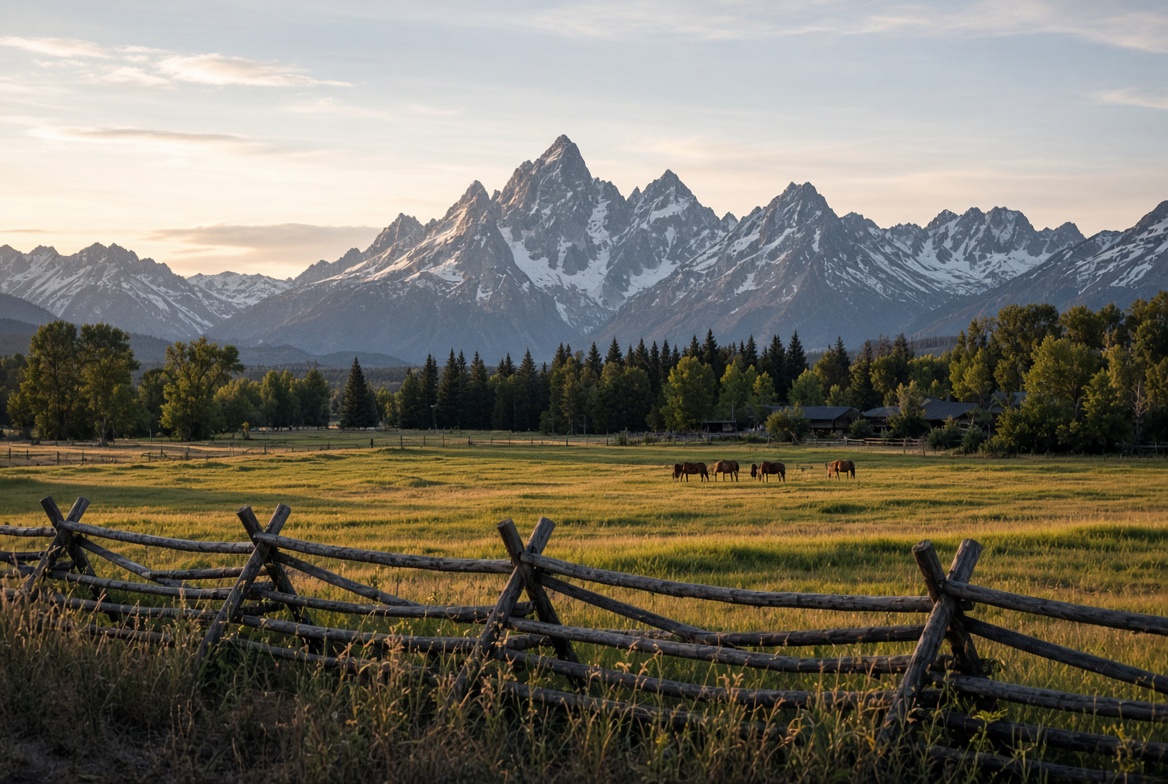 Horses in a fenced pasture below the Teton Range at evening