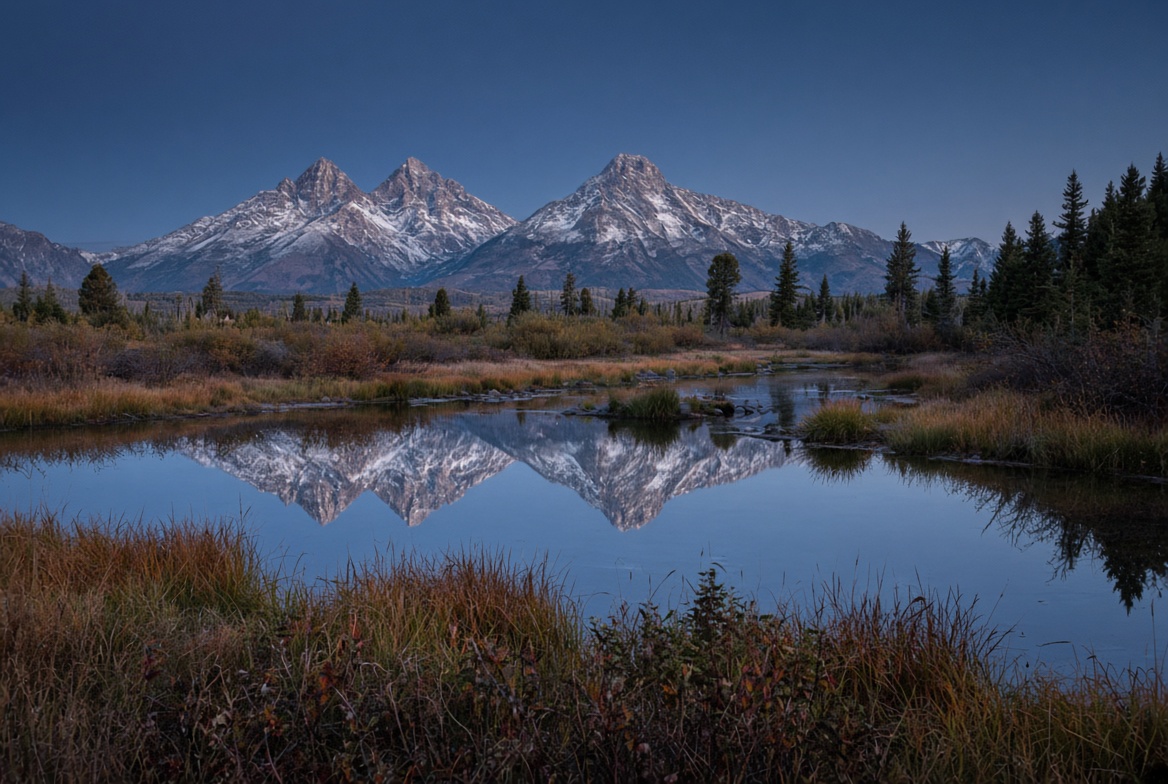 The Teton Range reflected in a still pond at dusk in autumn
