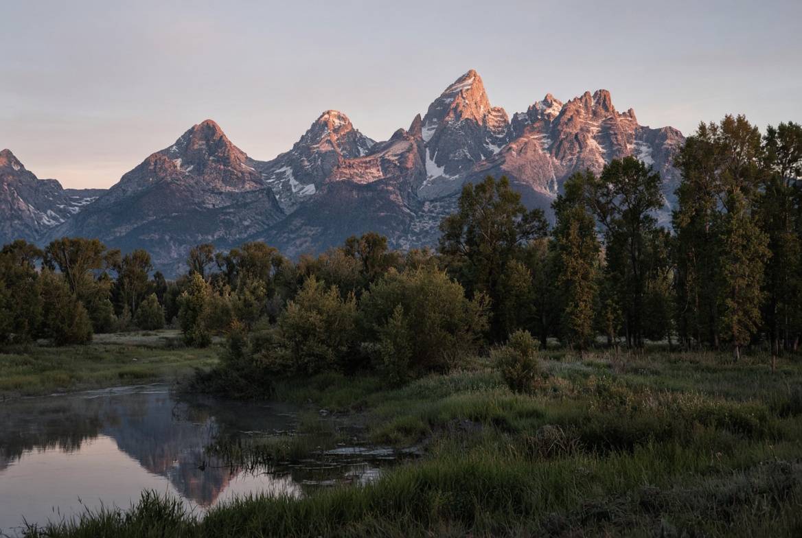 First light on the Teton Range above a beaver pond