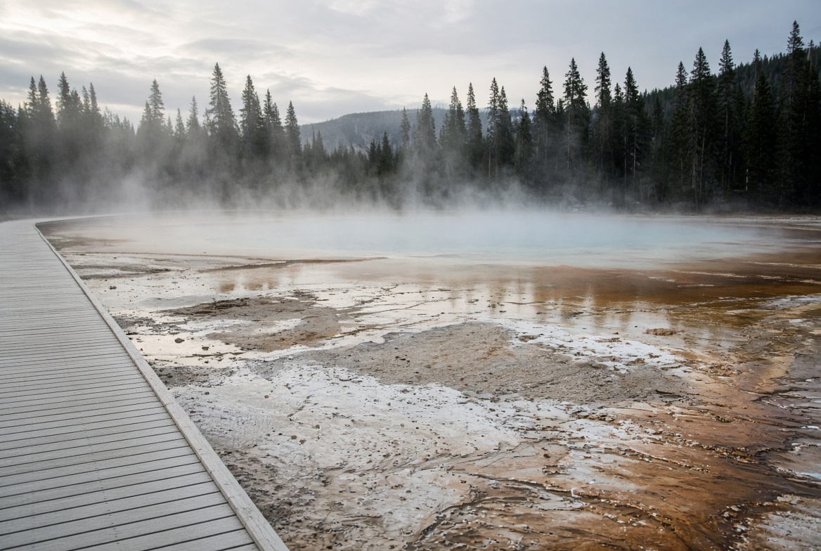 A boardwalk along a steaming thermal pool in Yellowstone