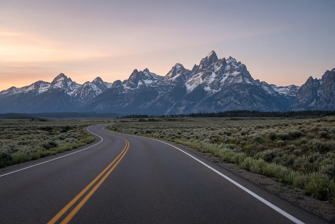 An empty two-lane road curving toward the Teton Range at dawn