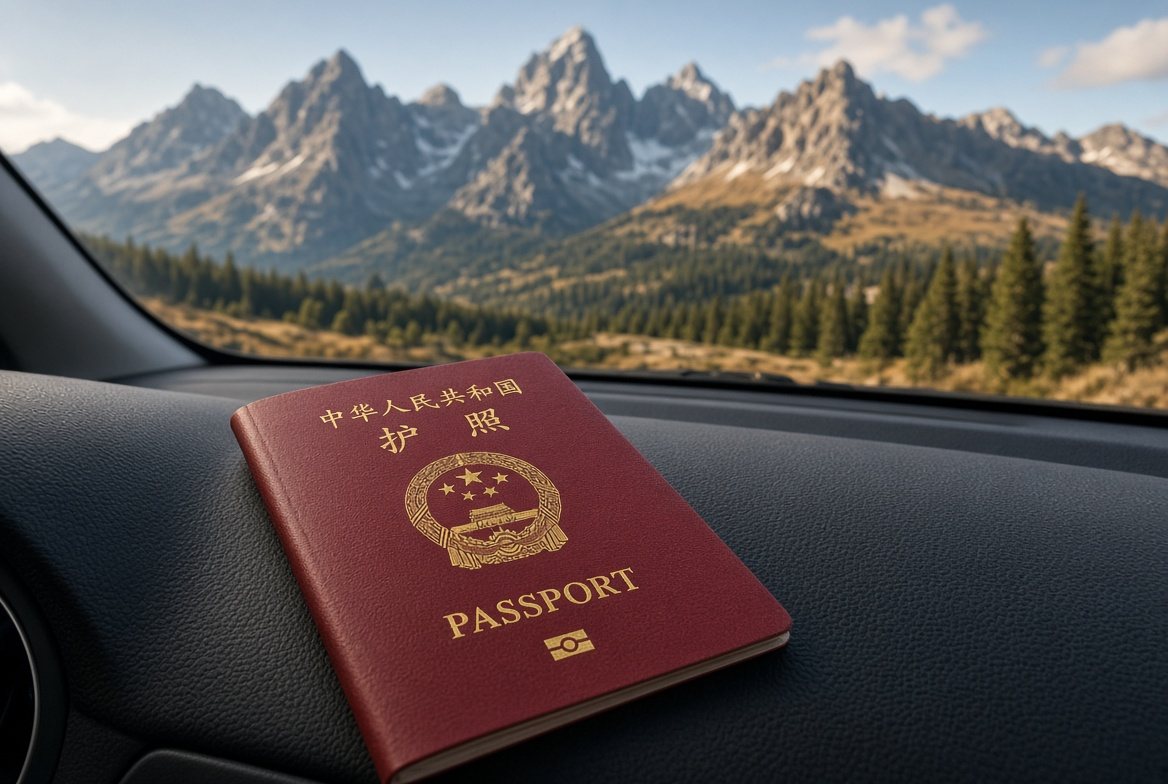 Ein Reisepass auf einem Armaturenbrett, durch die Windschutzscheibe die Teton Range