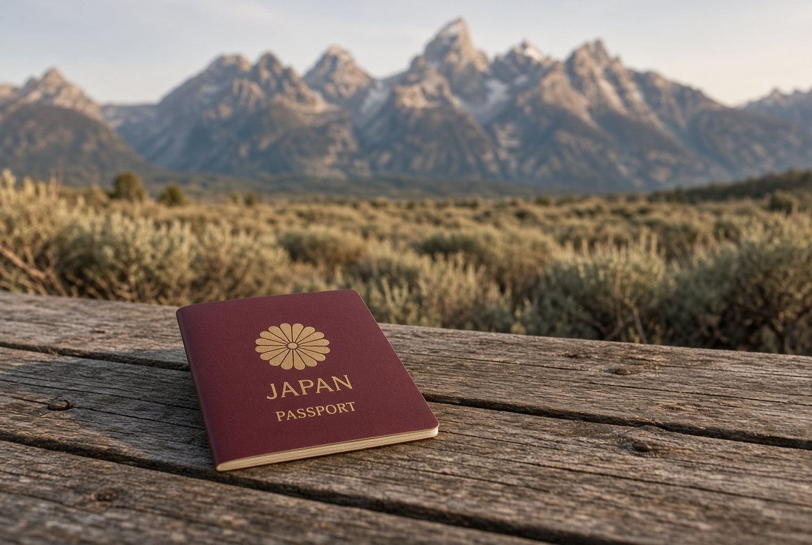 Ein japanischer Reisepass auf einem verwitterten Holztisch, dahinter die Teton Range
