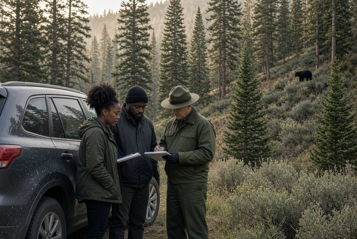 A ranger with a clipboard speaking with a couple at the forest edge, a bear in the distance