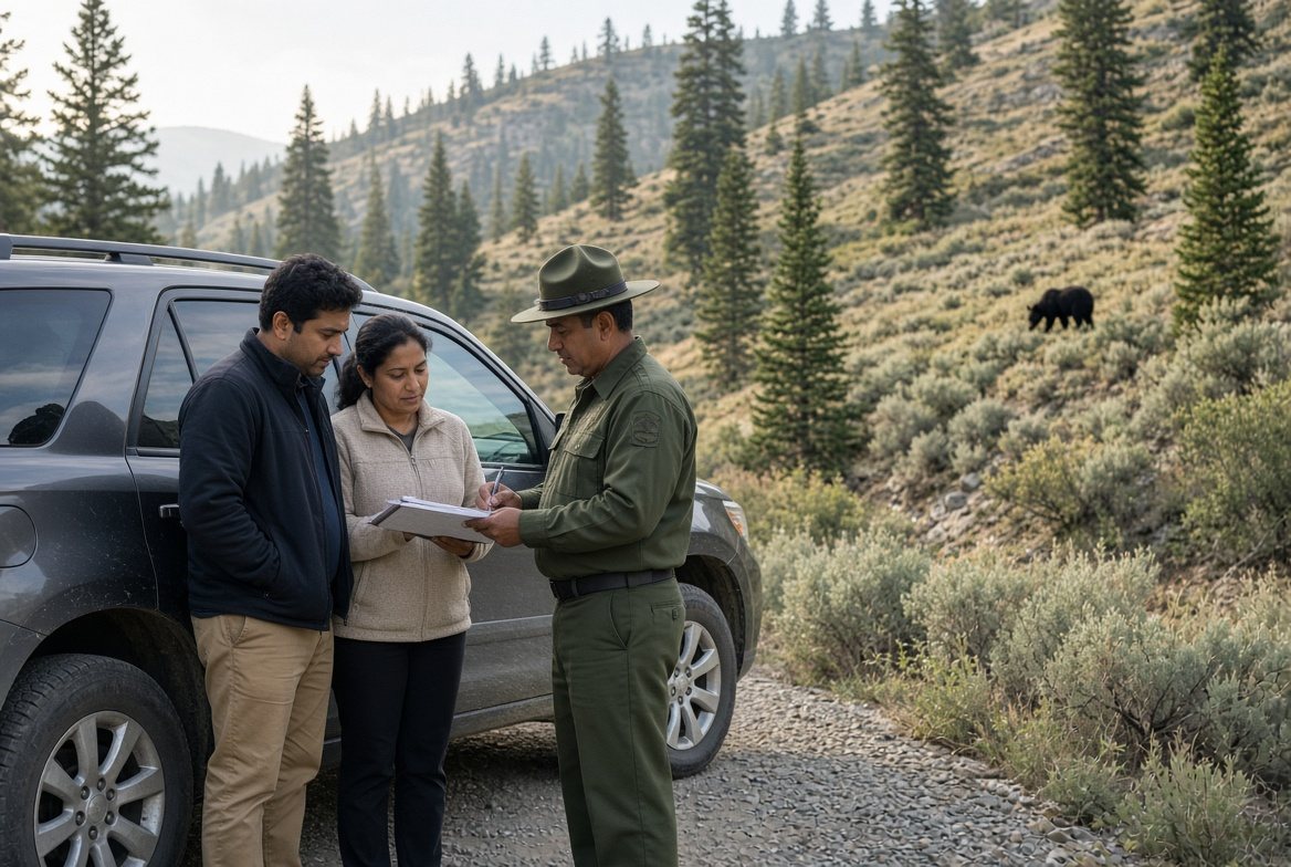 A ranger with a clipboard speaking with a couple on a hillside