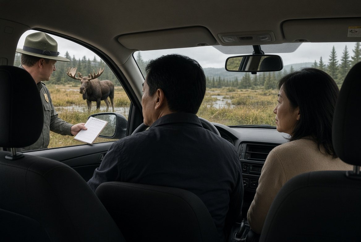 A ranger at the driver's window with a notice, the couple inside the car
