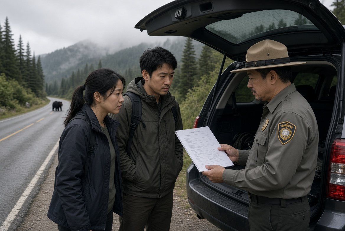A ranger with a notice speaking with a couple at the back of their car on a mountain road