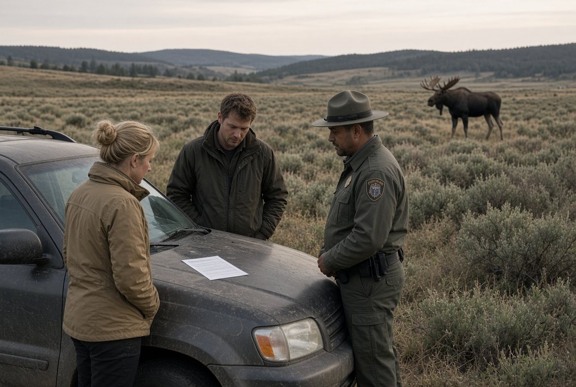 A ranger writing a notice on a car hood in sagebrush, a moose behind