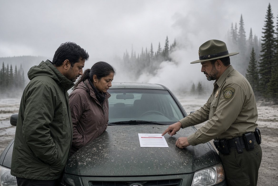 A ranger writing a notice on a car hood near a thermal area