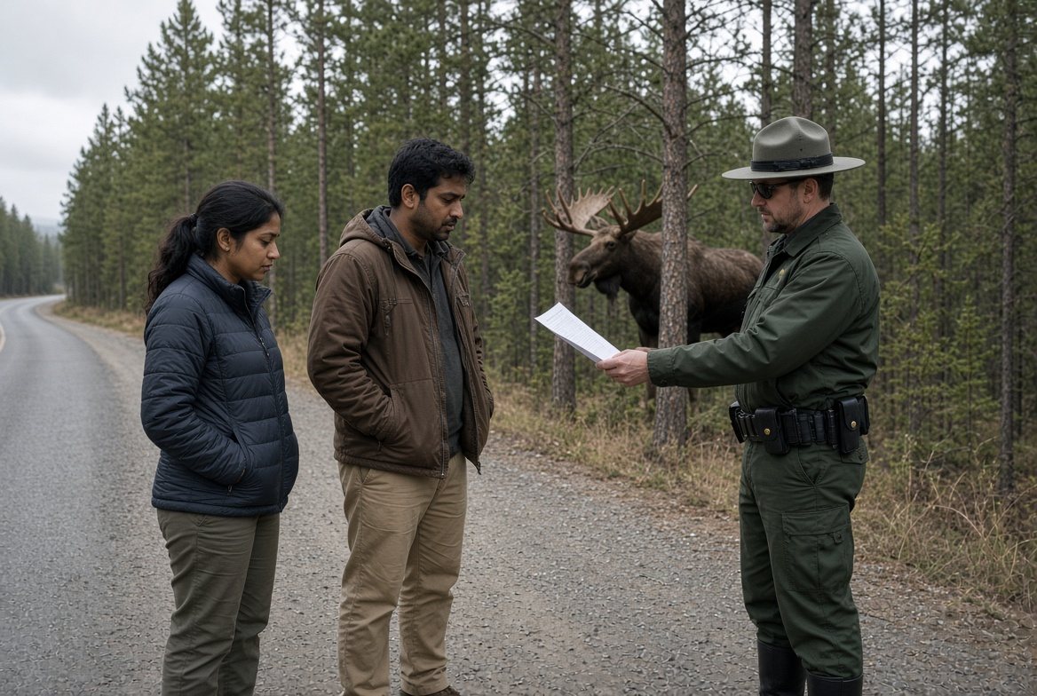 A ranger handing a notice to a couple at the roadside